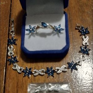 New .925 Sterling Silver Sapphire ring size 8 and bracelet and earrings